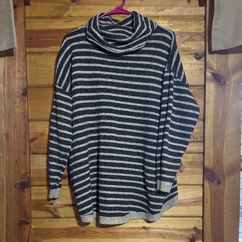 Elegant Striped Black and Cream striped cowl Turtleneck Sweater